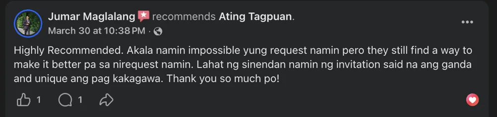 Facebook recommendation from Jumar Maglalang